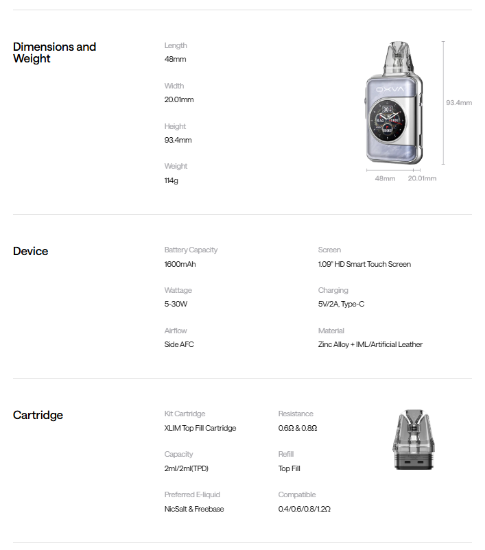 OXVA XLIM SQ PRO 2 主機與空倉選項 specs